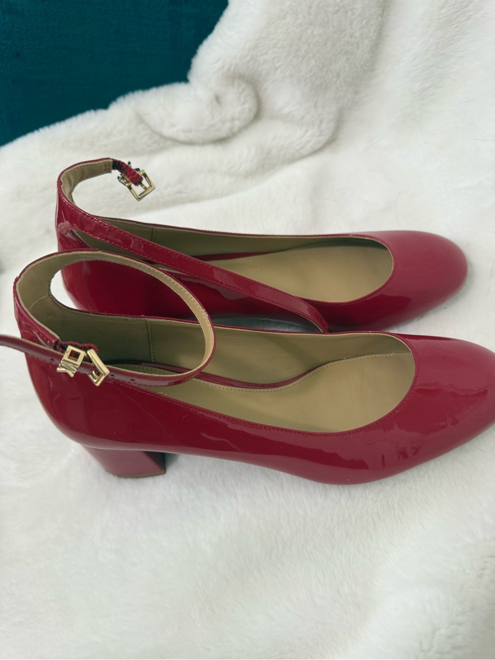 8 Patent Red Ankle-Strap Block Heel Pumps